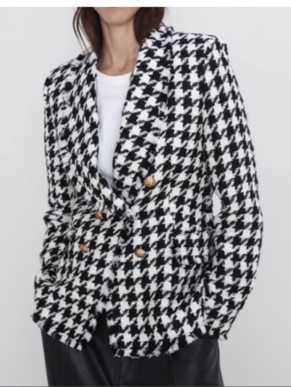 Zara Black And White Tweed Houndstooth Blazer Jacket